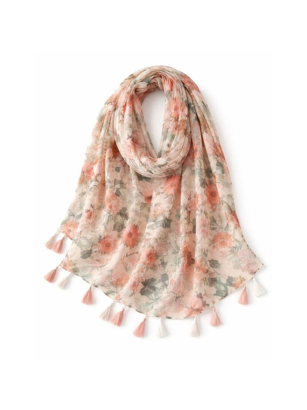 Lightweight Floral Scarf for Women, Soft Spring Summer Shawl Wrap with Tassels,